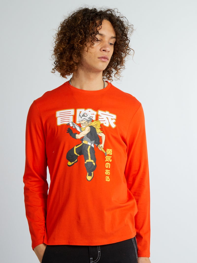 T-shirt met ronde hals en lange mouw ORANJE - Kiabi