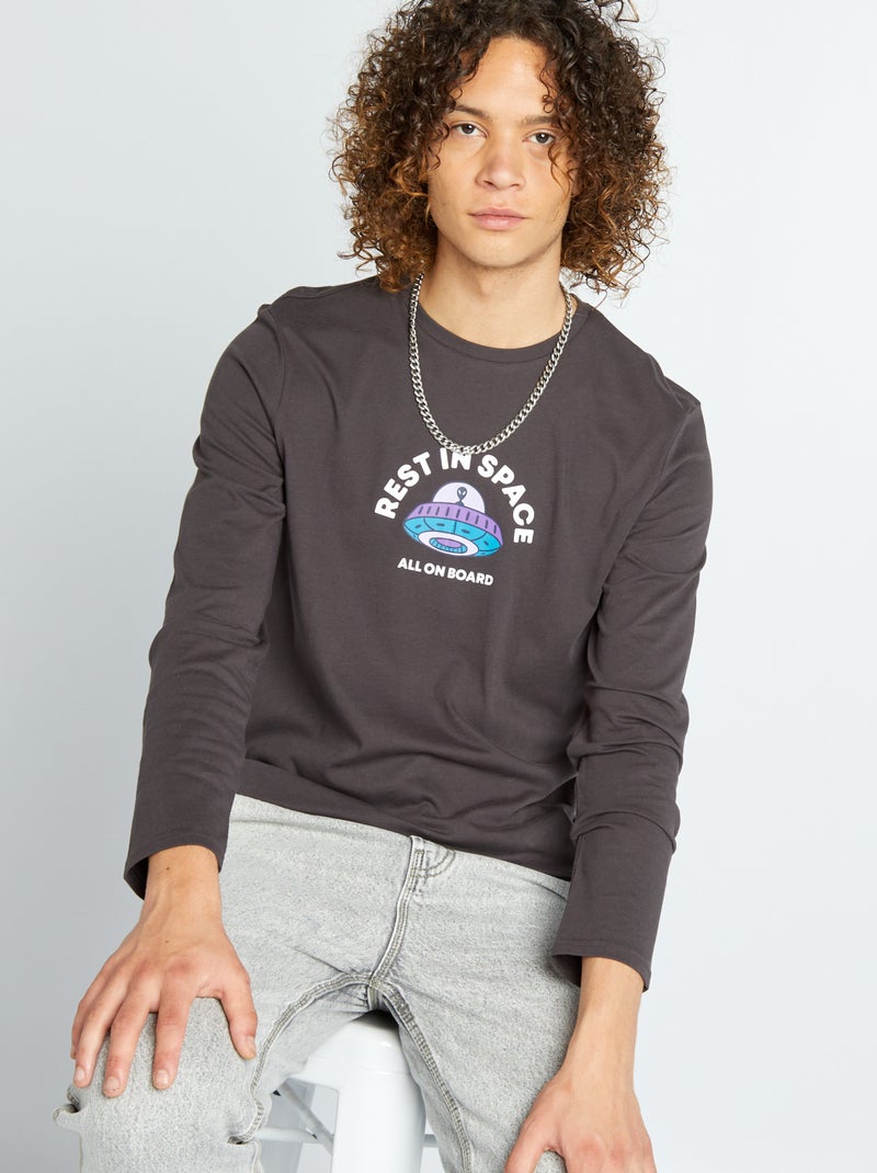 T-shirt met ronde hals en lange mouw ZWART - Kiabi