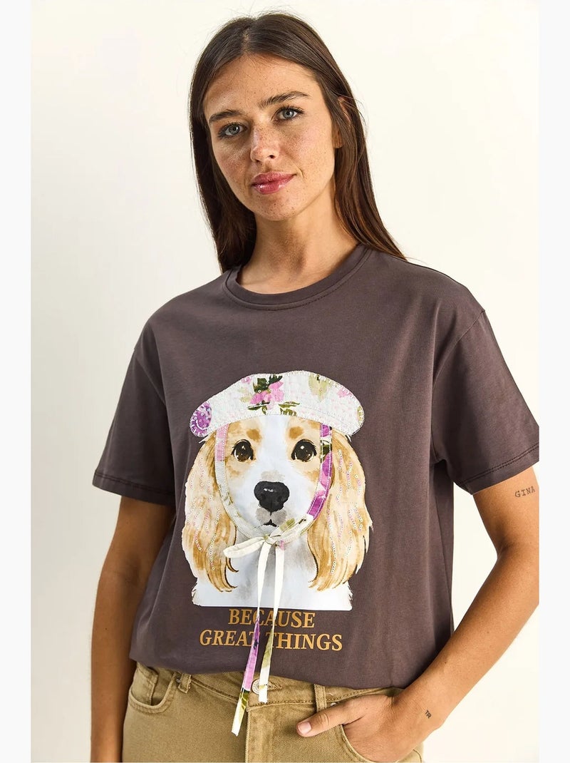 T-shirt met ronde hals en paillettenprint lucci Chocoladebruin - Kiabi