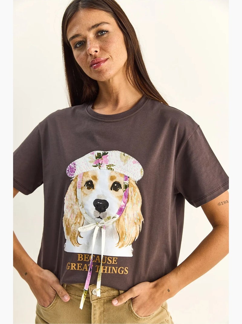 T-shirt met ronde hals en paillettenprint lucci Chocoladebruin - Kiabi