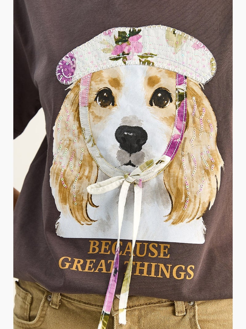 T-shirt met ronde hals en paillettenprint lucci Chocoladebruin - Kiabi