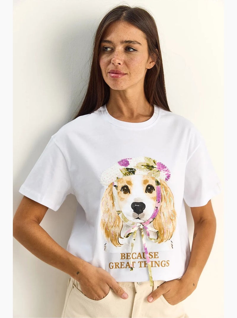 T-shirt met ronde hals en paillettenprint lucci Wit - Kiabi