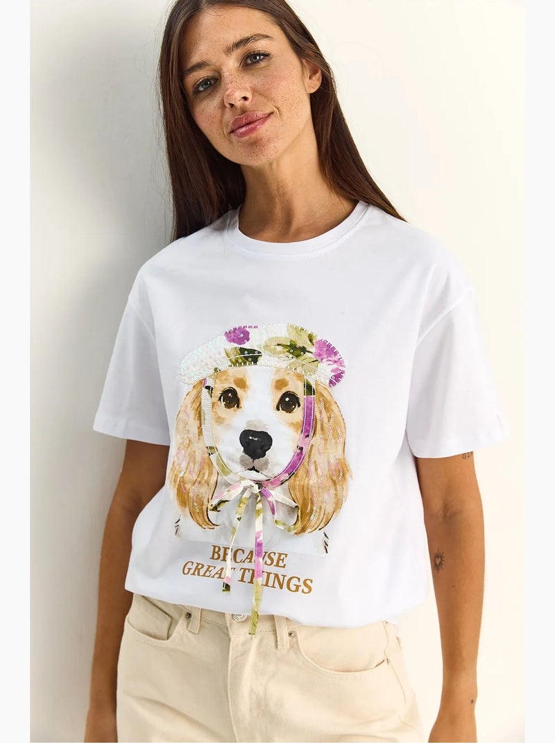 T-shirt met ronde hals en paillettenprint lucci Wit - Kiabi