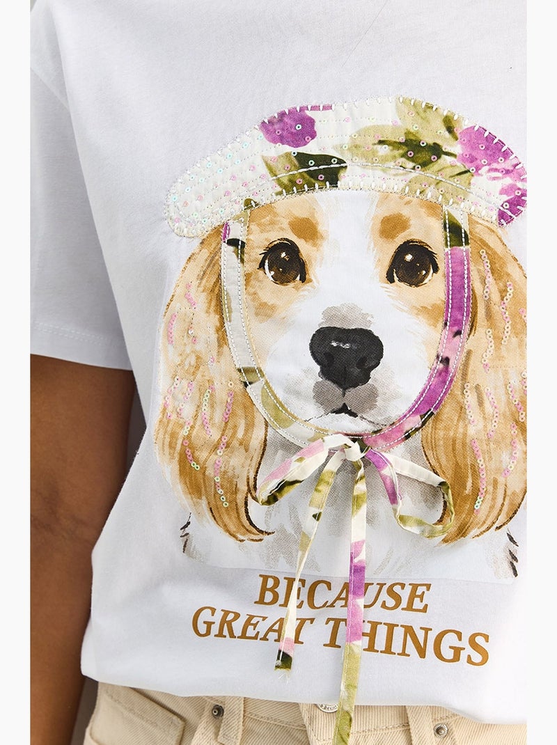 T-shirt met ronde hals en paillettenprint lucci Wit - Kiabi