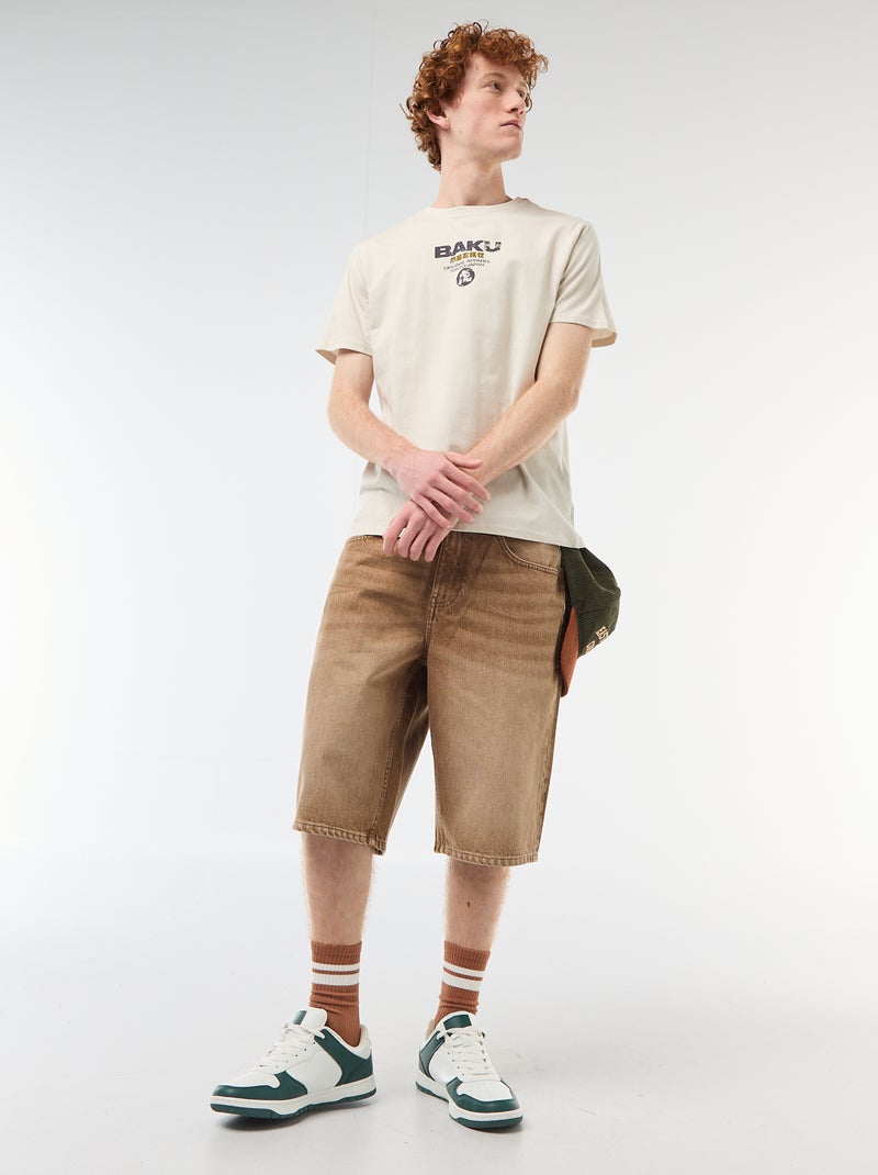 T-shirt met ronde hals en print van katoen Biege - Kiabi