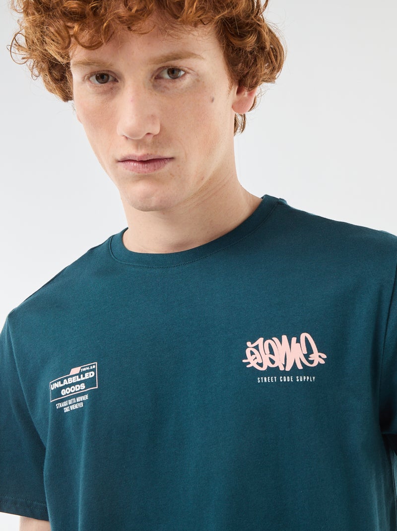 T-shirt met ronde hals en print van katoen Blauw - Kiabi