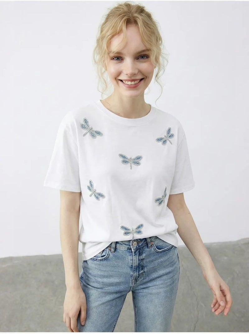 T-shirt met ronde hals en relaxte pasvorm, geborduurd lucci Wit - Kiabi