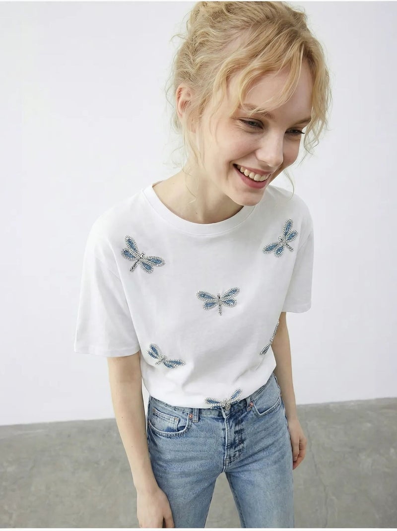 T-shirt met ronde hals en relaxte pasvorm, geborduurd lucci Wit - Kiabi