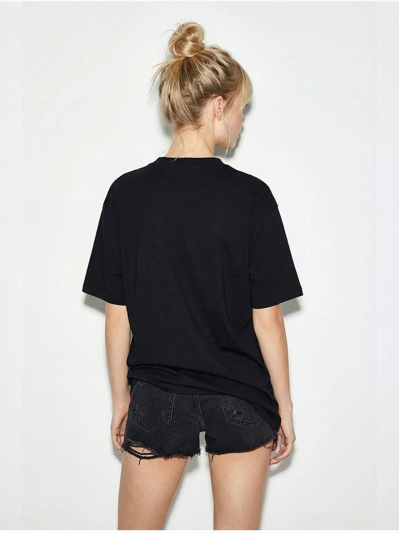 T-shirt met ronde hals en relaxte pasvorm, geborduurd lucci Zwart - Kiabi