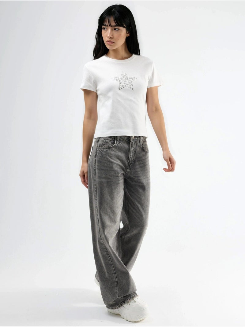 T-shirt met ronde hals en steendetail busem Wit - Kiabi