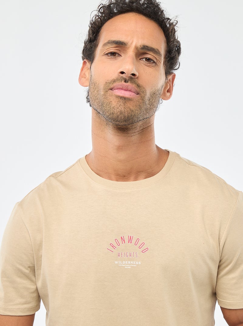 T-shirt met ronde hals, korte mouwen en print Biege - Kiabi
