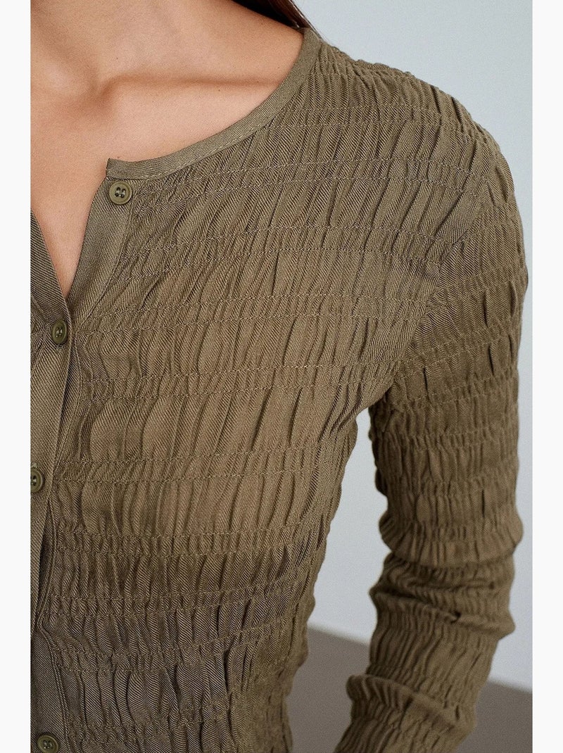 T-shirt met textuur gebreid met knopen lange mouw dilvin Kaki - Kiabi