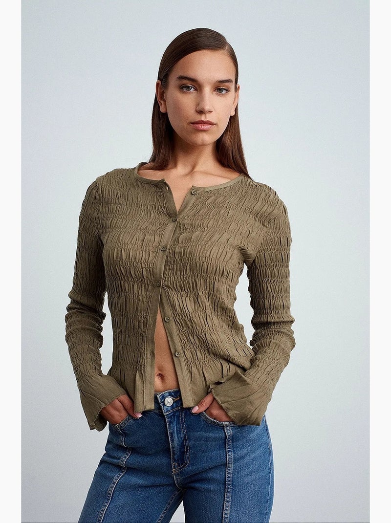 T-shirt met textuur gebreid met knopen lange mouw dilvin Kaki - Kiabi