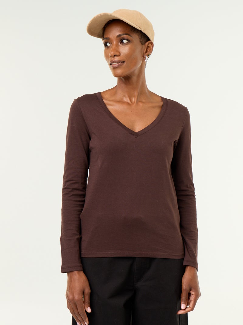 T-shirt met V-hals Bruin - Kiabi