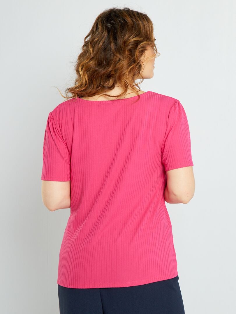 T-shirt met V-hals en ribbeltextuur roze - Kiabi
