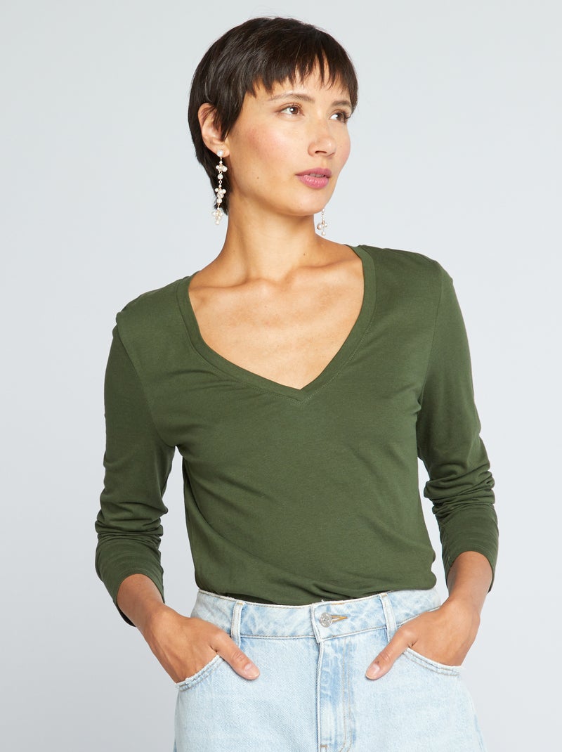 T-shirt met V-hals Groen - Kiabi