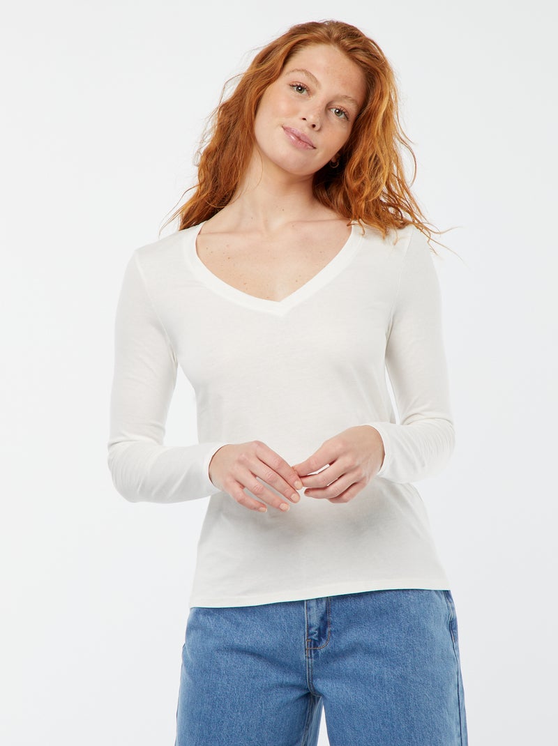 T-shirt met V-hals sneeuw wit - Kiabi