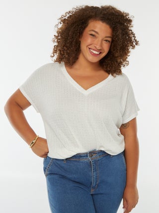 T-shirt met wafeltextuur, ajourmotiefje en korte mouw