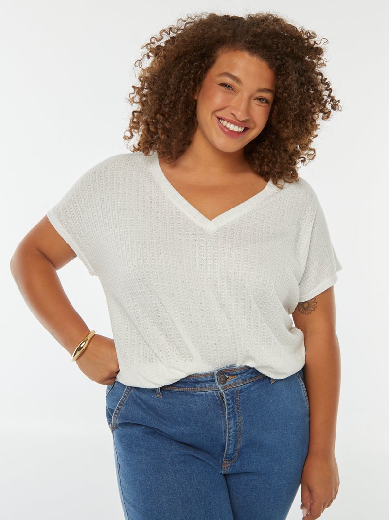 T-shirt met wafeltextuur, ajourmotiefje en korte mouw Wit - Kiabi
