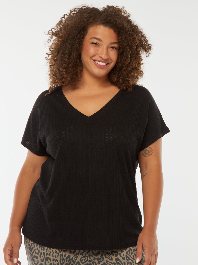 T-shirt met wafeltextuur, ajourmotiefje en korte mouw zwart - Kiabi