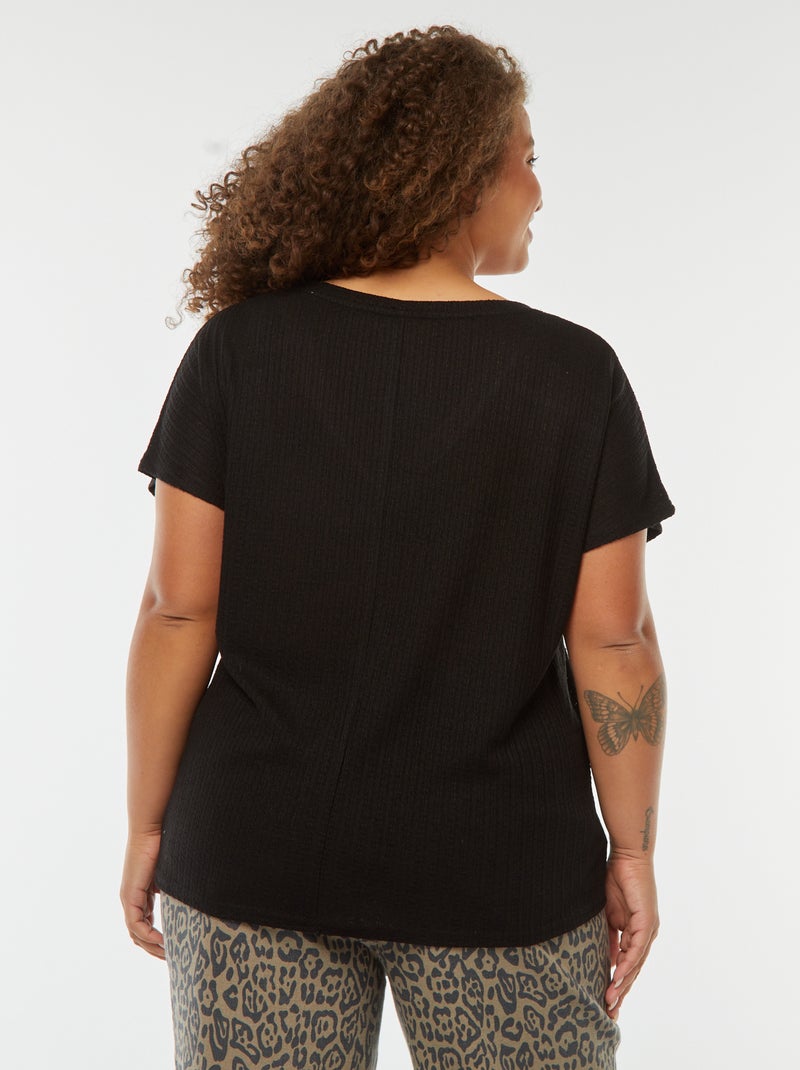T-shirt met wafeltextuur, ajourmotiefje en korte mouw zwart - Kiabi