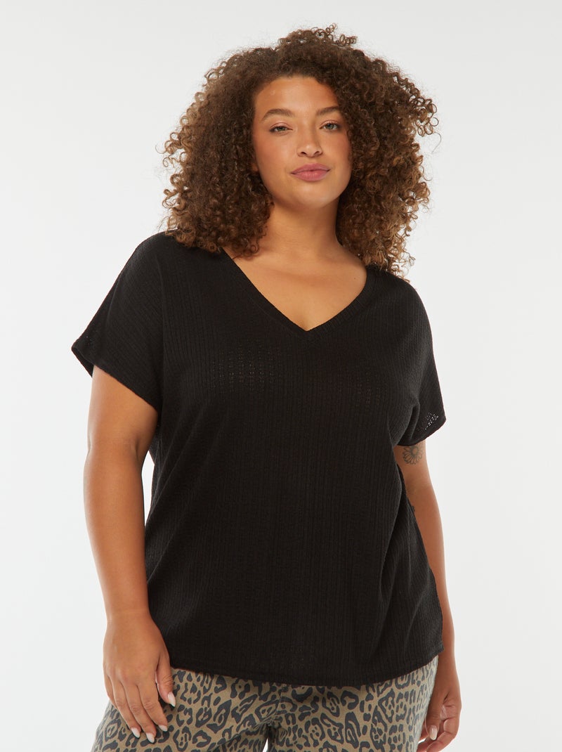 T-shirt met wafeltextuur, ajourmotiefje en korte mouw zwart - Kiabi