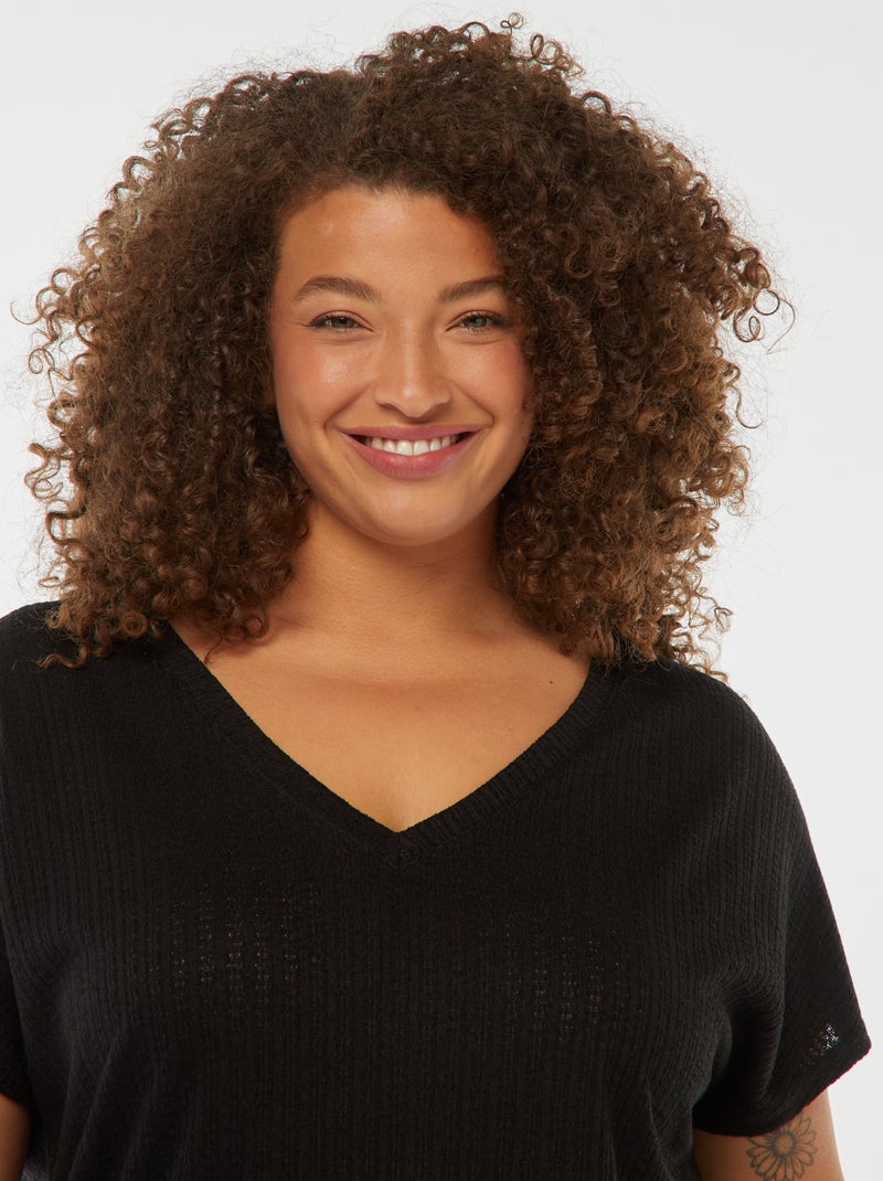 T-shirt met wafeltextuur, ajourmotiefje en korte mouw zwart - Kiabi