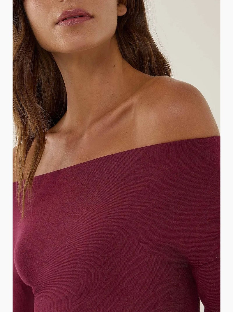 T-shirt off shoulder carmenkraag lange mouw hiccup Bordeauxrood - Kiabi
