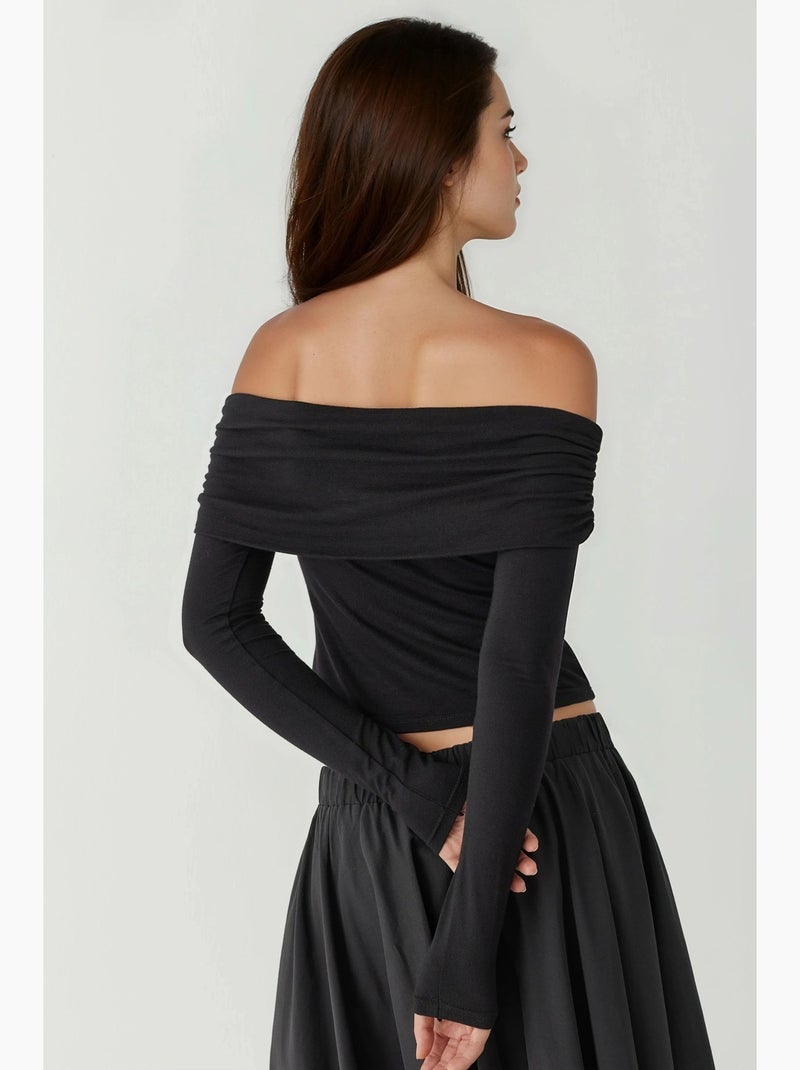 T-shirt off shoulder drapering lange mouw hiccup Zwart - Kiabi