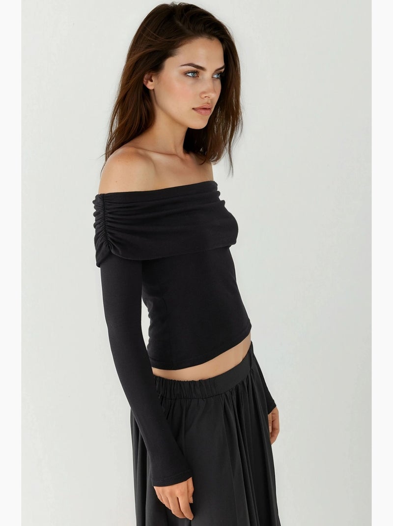 T-shirt off shoulder drapering lange mouw hiccup Zwart - Kiabi