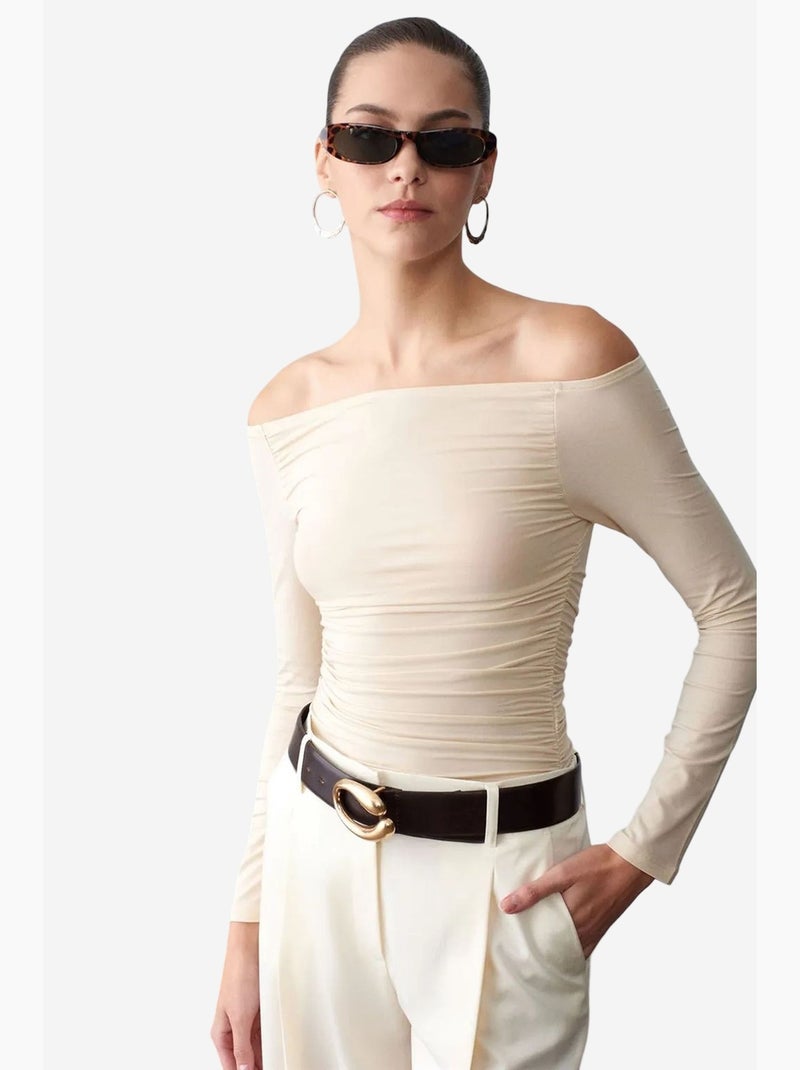 T-shirt off shoulder gebreid lange mouwen dilvin Crème - Kiabi