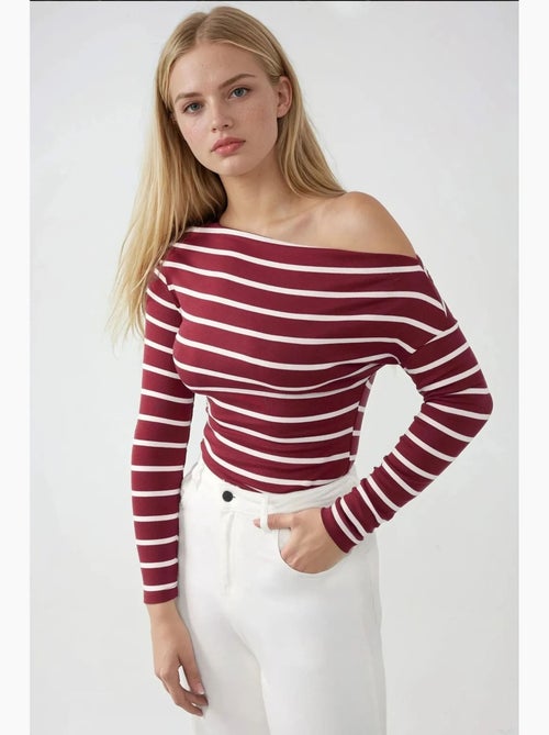 T-shirt off shoulder gestreept rib lange mouw hiccup - Kiabi T-shirt off shoulder gestreept rib lange mouw hiccup - Kiabi