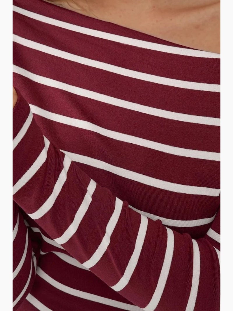 T-shirt off shoulder gestreept rib lange mouw hiccup Bordeauxrood - Kiabi