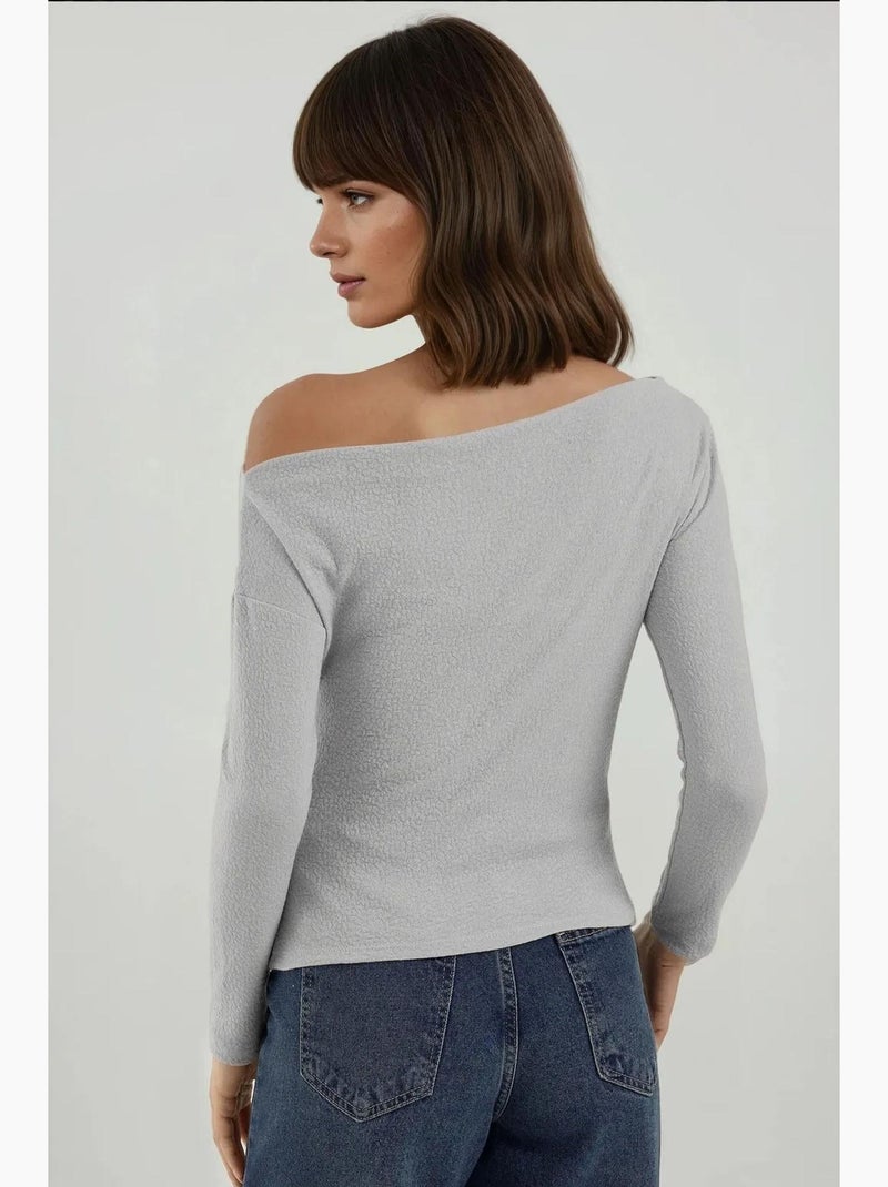 T-shirt off shoulder gestreept rib lange mouw hiccup Lichtgrijs - Kiabi