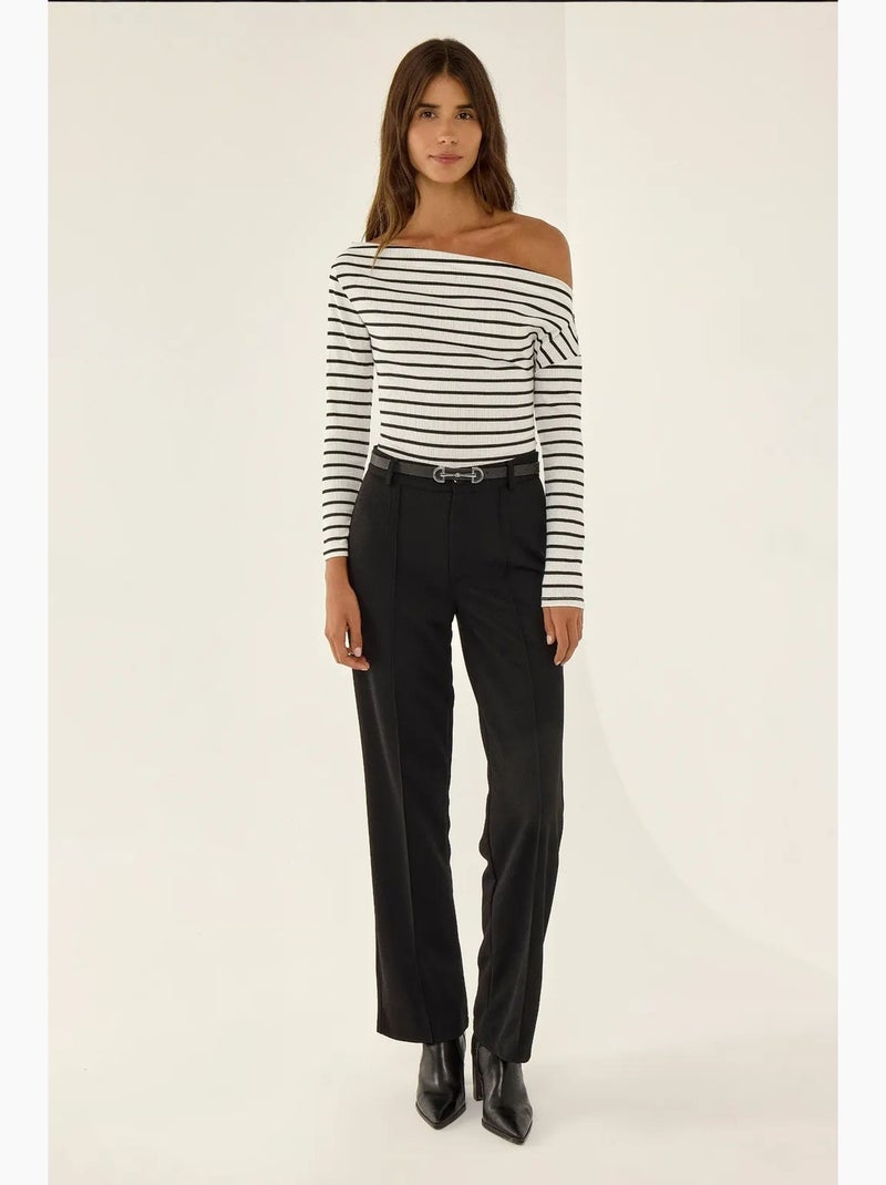 T-shirt off shoulder gestreept rib lange mouw hiccup Wit - Kiabi