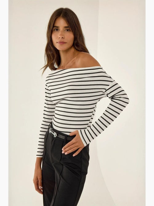 T-shirt off shoulder gestreept rib lange mouw hiccup - Kiabi T-shirt off shoulder gestreept rib lange mouw hiccup - Kiabi