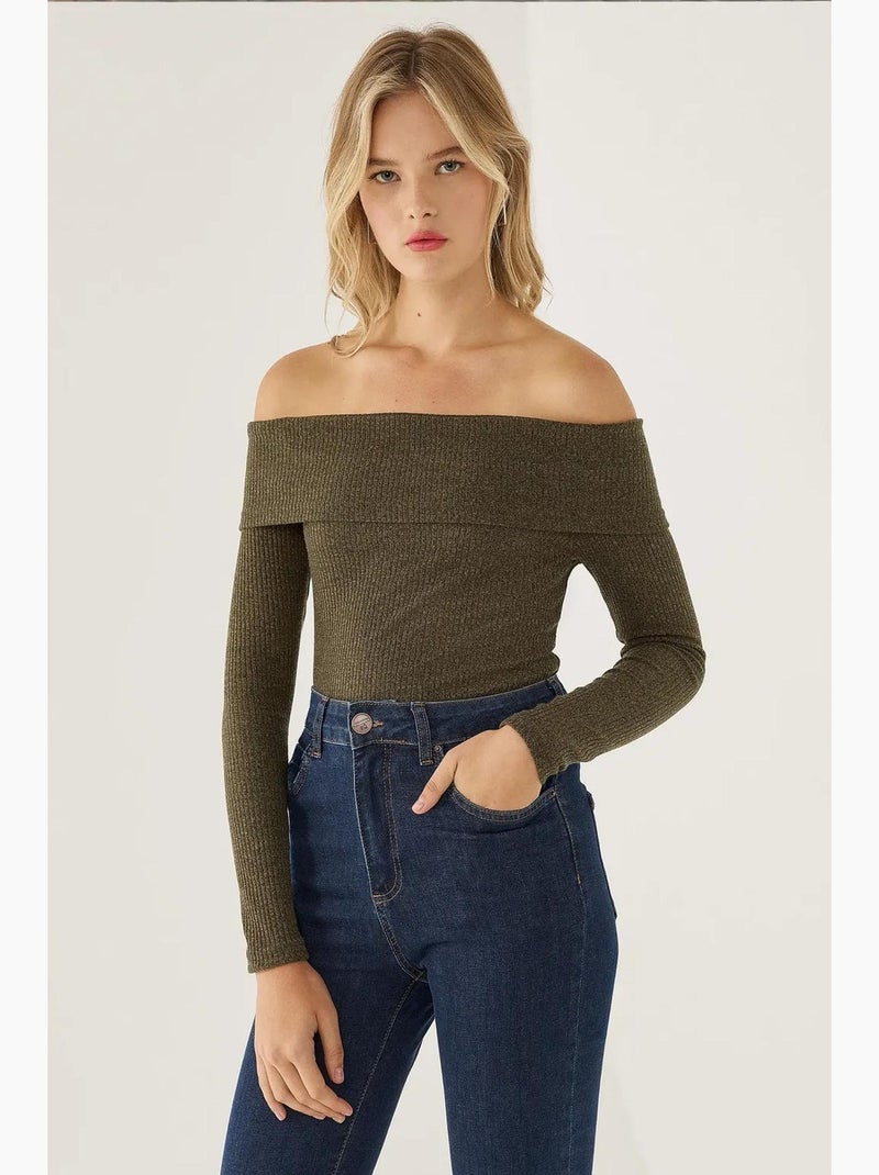 T-shirt off shoulder jersey lange mouw hiccup Groen - Kiabi