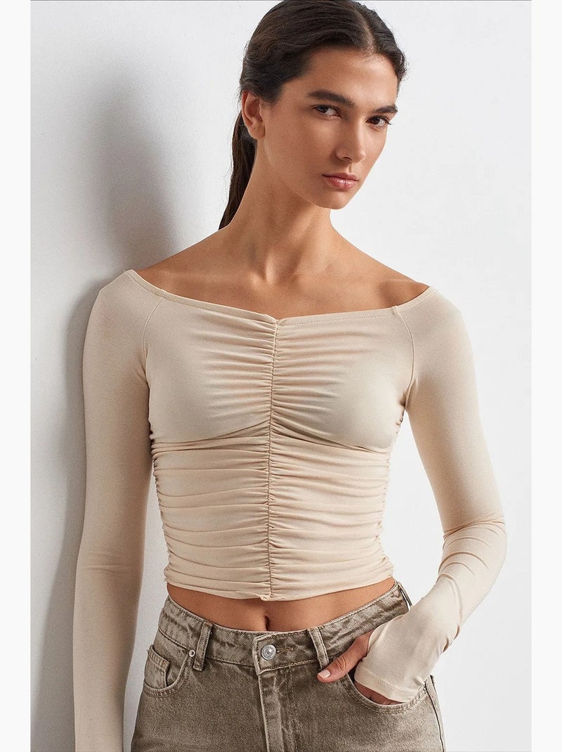 T-shirt off shoulder kort lange mouwen dilvin Crème - Kiabi