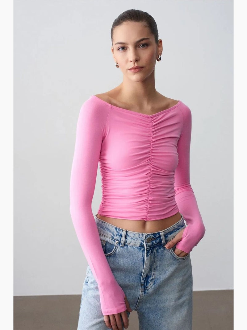 T-shirt off shoulder kort lange mouwen dilvin Fluorroze/Solinotes - Kiabi