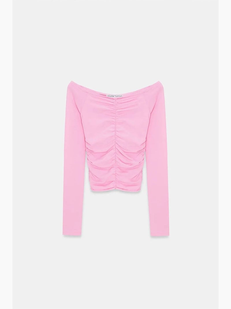 T-shirt off shoulder kort lange mouwen dilvin Fluorroze/Solinotes - Kiabi