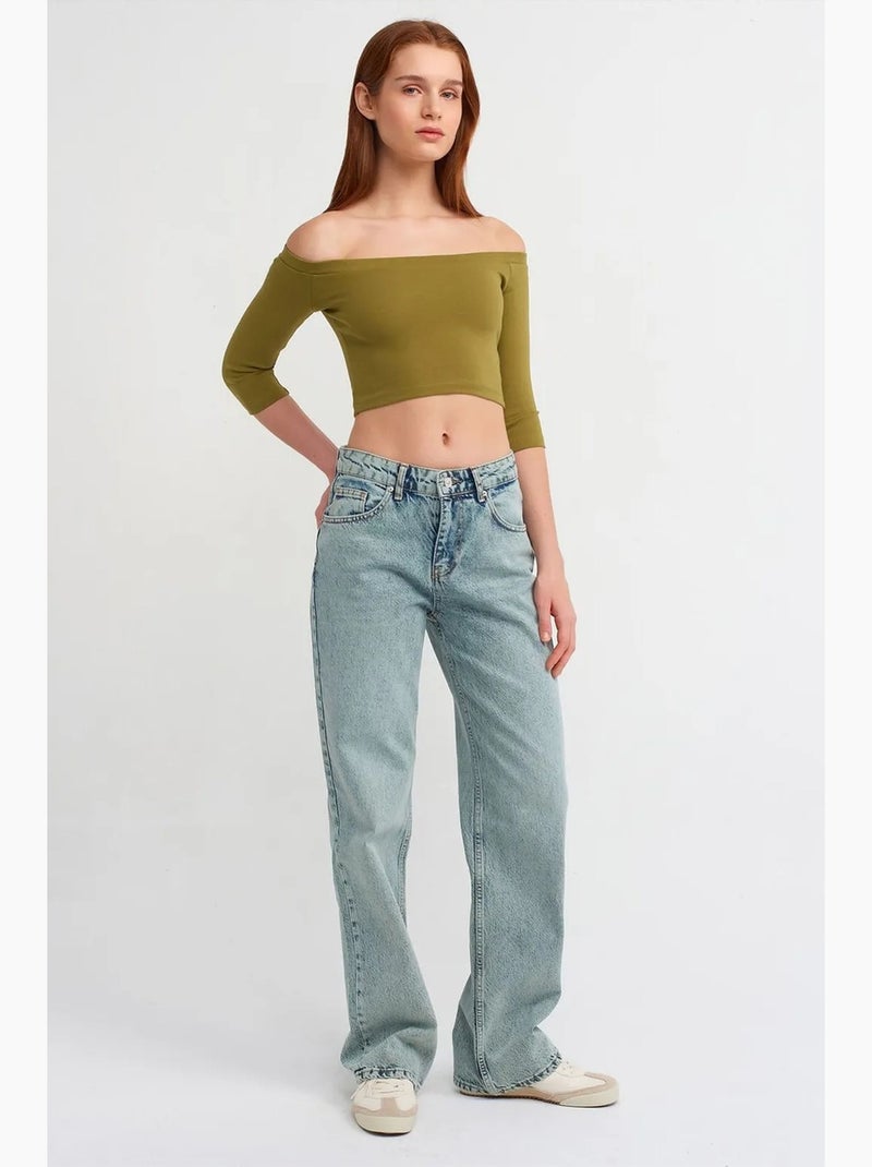 T-shirt off shoulder kort lange mouwen dilvin Kaki - Kiabi