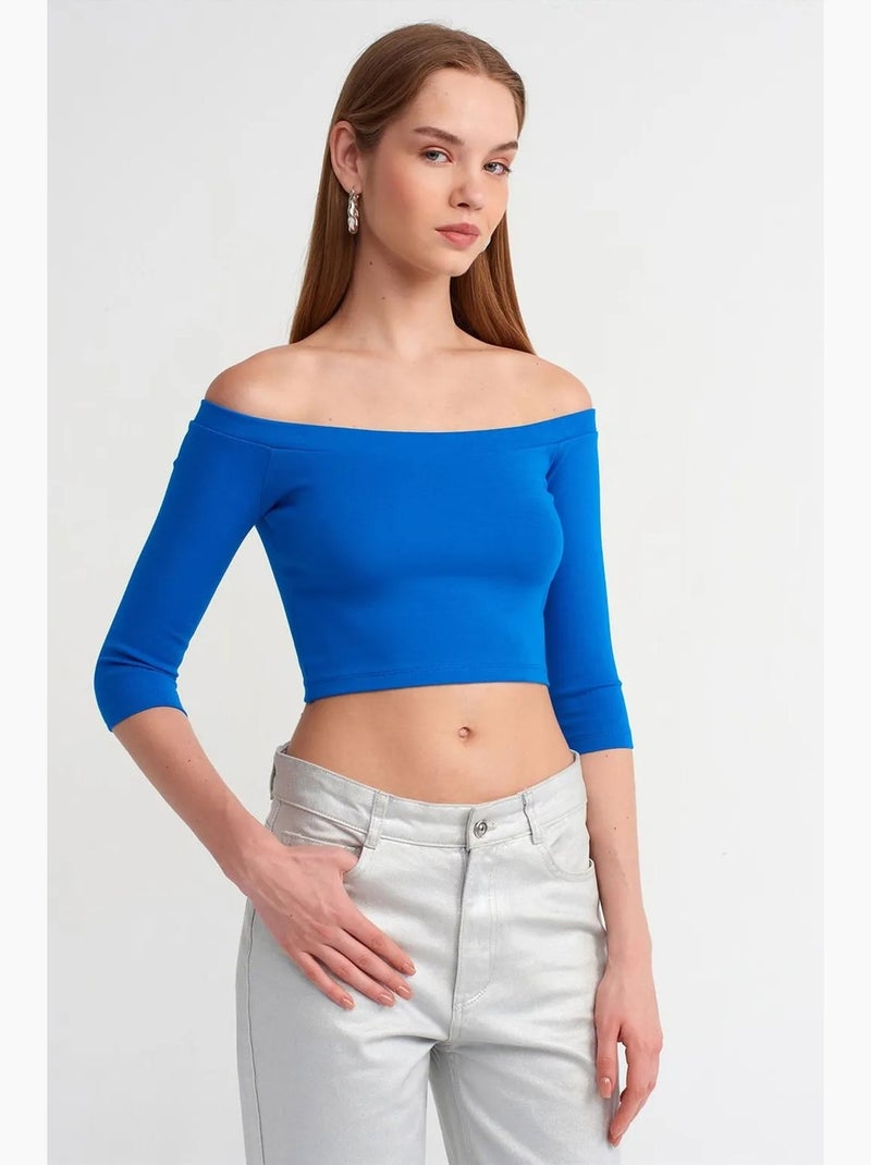 T-shirt off shoulder kort lange mouwen dilvin Kobaltblauw - Kiabi