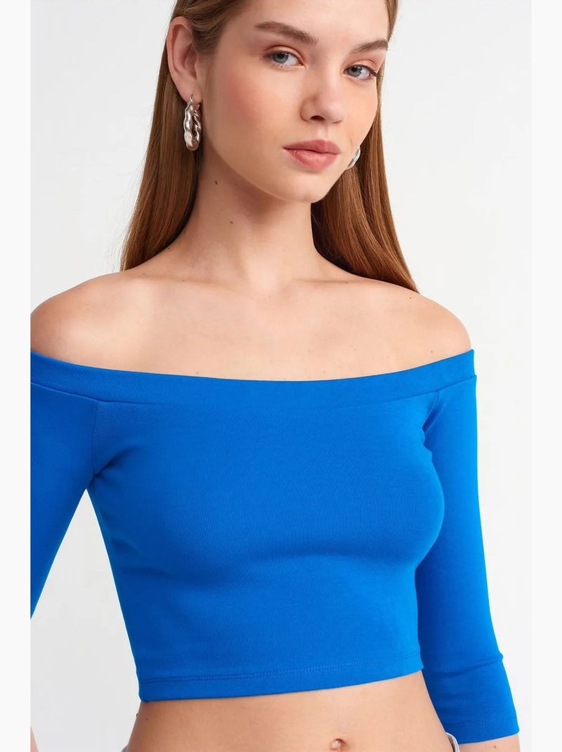 T-shirt off shoulder kort lange mouwen dilvin Kobaltblauw - Kiabi