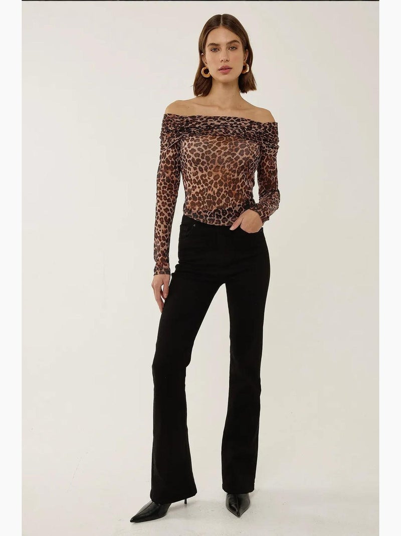 T-shirt off shoulder print transparant lange mouw hiccup Zwart Bruin - Kiabi