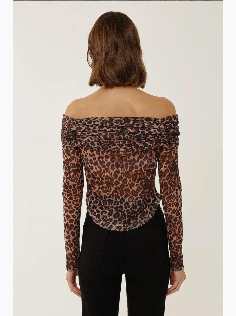 T-shirt off shoulder print transparant lange mouw hiccup Zwart Bruin - Kiabi
