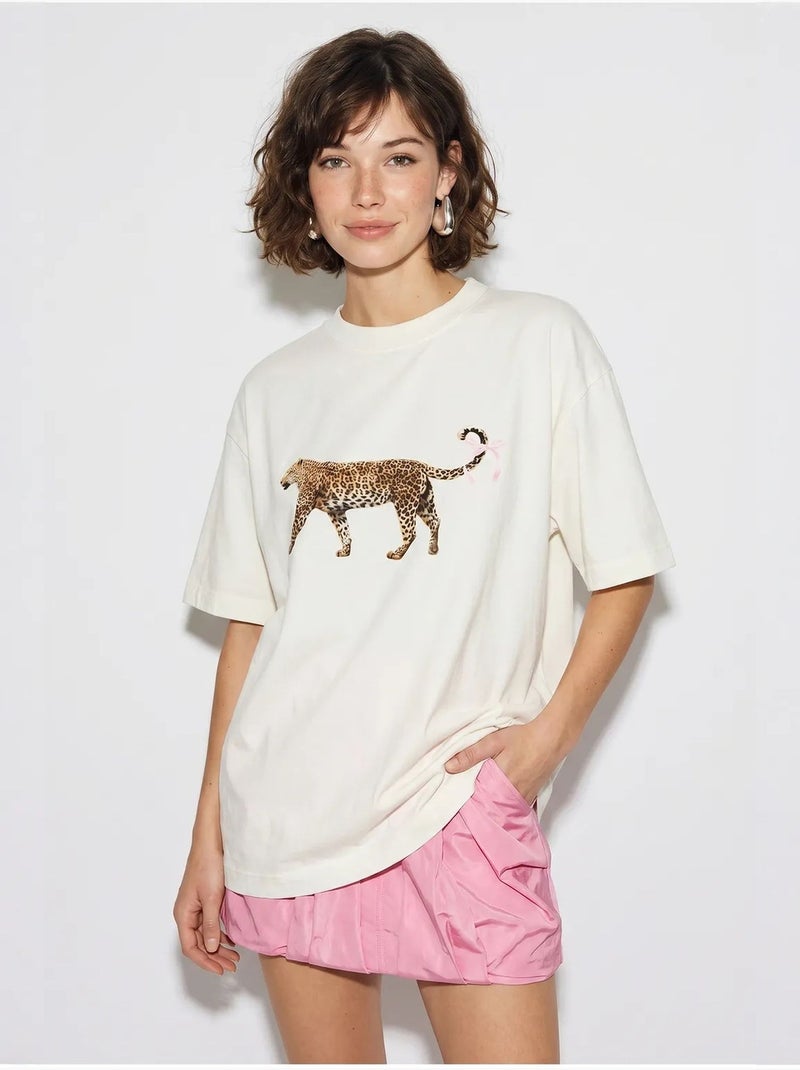 T-shirt oversize en coton à imprimé léopard lucci Blanc - Kiabi
