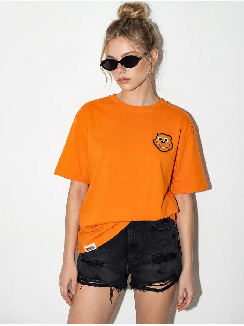T-shirt oversize en coton avec broderie et col rond lucci Orange - Kiabi