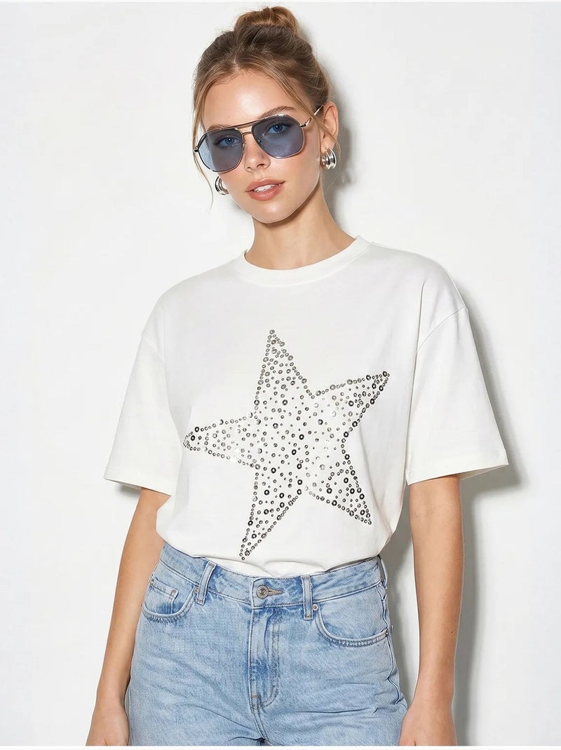T-shirt oversize en coton avec étoile à sequins lucci Blanc cassé - Kiabi