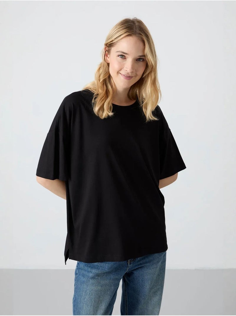 T-shirt oversize en coton et modal à col rond tommy Noir - Kiabi
