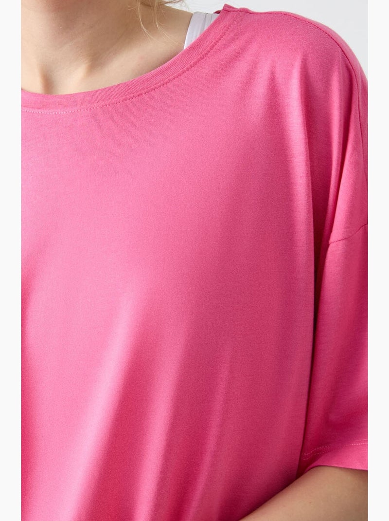 T-shirt oversize en coton et modal à col rond tommy Rose fluo/Solinotes - Kiabi